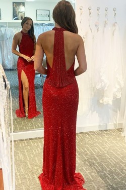 Long Red Sequin Tulle Sparkle Prom Dress Formal Evening Gowns 901257