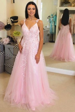 Long Pink Lace and Tulle Prom Dress Formal Evening Gowns 901258