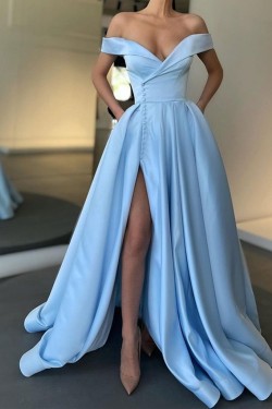 Elegant Long Blue Satin Off the Shoulder Prom Dress Formal Evening Gowns 901260