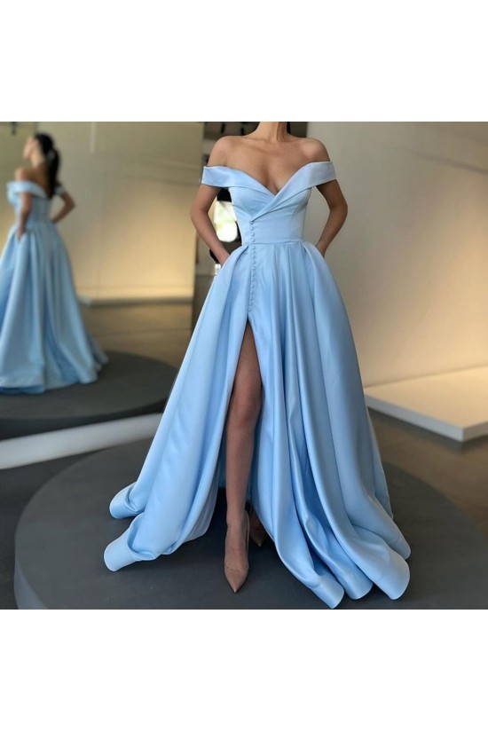 Elegant Long Blue Satin Off the Shoulder Prom Dress Formal Evening Gowns 901260