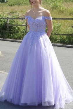 A-Line Lavender Lace and Tulle Long Prom Dress Formal Evening Gowns 901261