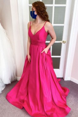 A-Line Long Satin V Neck Prom Dress Formal Evening Gowns 901262