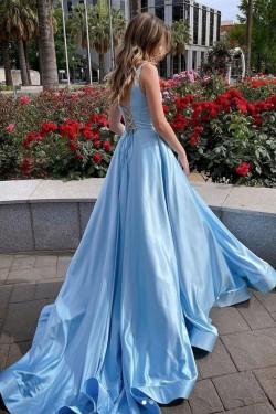 Long Blue Satin Prom Dress Formal Evening Gowns 901265