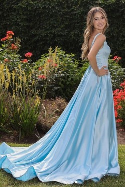 Long Blue Satin Prom Dress Formal Evening Gowns 901265