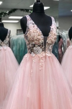 A-Line Long Pink Lace and Tulle Prom Dress Formal Evening Gowns 901267