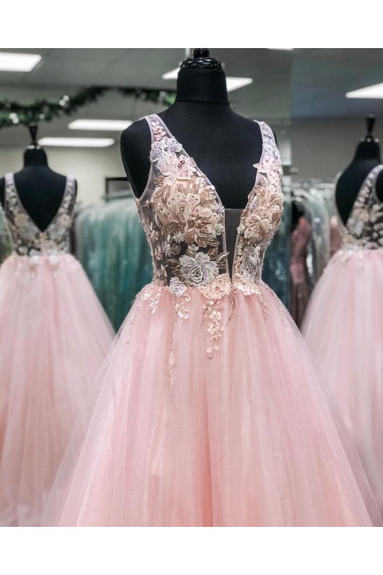 A-Line Long Pink Lace and Tulle Prom Dress Formal Evening Gowns 901267 A-Line Long Pink Lace and Tulle Prom Dress Formal Evening Gowns 901267