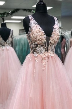 A-Line Long Pink Lace and Tulle Prom Dress Formal Evening Gowns 901267