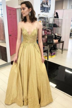 A-Line Gold Sparkle Lace Prom Dress Formal Evening Gowns 901268