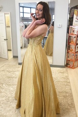 A-Line Gold Sparkle Lace Prom Dress Formal Evening Gowns 901268