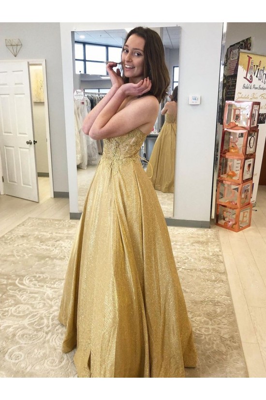 A-Line Gold Sparkle Lace Prom Dress Formal Evening Gowns 901268 A-Line Gold Sparkle Lace Prom Dress Formal Evening Gowns 901268
