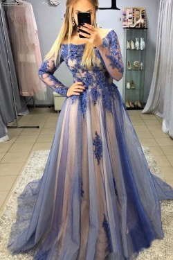 Long Blue Lace and Tulle Prom Dress Formal Evening Gowns 901269