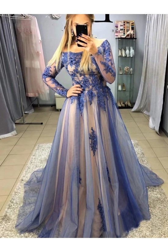 Long Blue Lace and Tulle Prom Dress Formal Evening Gowns 901269 Long Blue Lace and Tulle Prom Dress Formal Evening Gowns 901269
