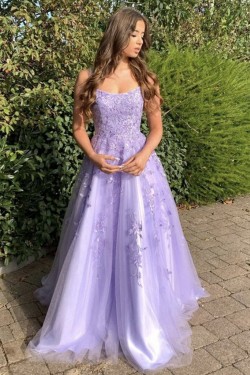A-Line Lavender Lace and Tulle Prom Dress Formal Evening Gowns 901270