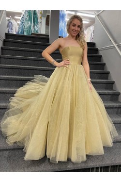 A-Line Strapless Sparkle Tulle Long Prom Dress Formal Evening Gowns 901271