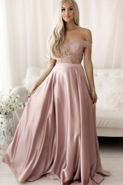 A-Line Off the Shoulder Two Pieces Lace Long Prom Dress Formal Evening Gowns 901274