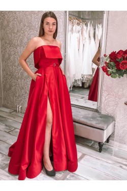 A-Line Strapless Long Red Prom Dress Formal Evening Gowns 901276