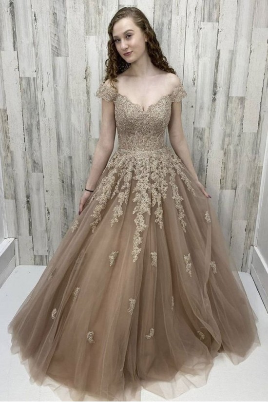 A-Line Off the Shoulder Lace and Tulle Prom Dress Formal Evening Gowns 901279 A-Line Off the Shoulder Lace and Tulle Prom Dress Formal Evening Gowns 901279