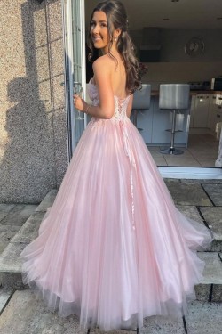 Long Pink Lace and Tulle Prom Dress Formal Evening Gowns 901281