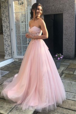Long Pink Lace and Tulle Prom Dress Formal Evening Gowns 901281