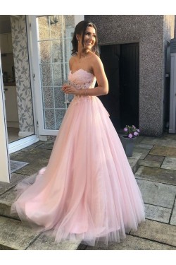 Long Pink Lace and Tulle Prom Dress Formal Evening Gowns 901281