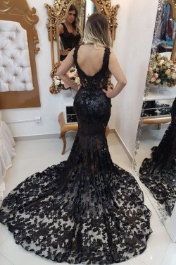Long Black Mermaid Lace Prom Dress Formal Evening Gowns 901282