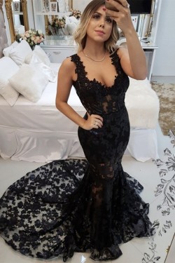 Long Black Mermaid Lace Prom Dress Formal Evening Gowns 901282