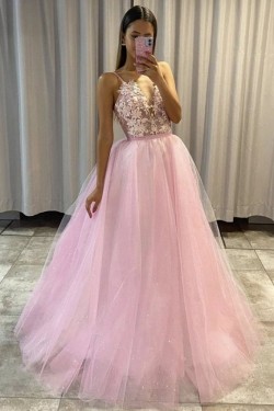 Long Pink Lace and Tulle Long Prom Dress Formal Evening Gowns 901287