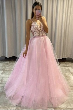 Long Pink Lace and Tulle Long Prom Dress Formal Evening Gowns 901287