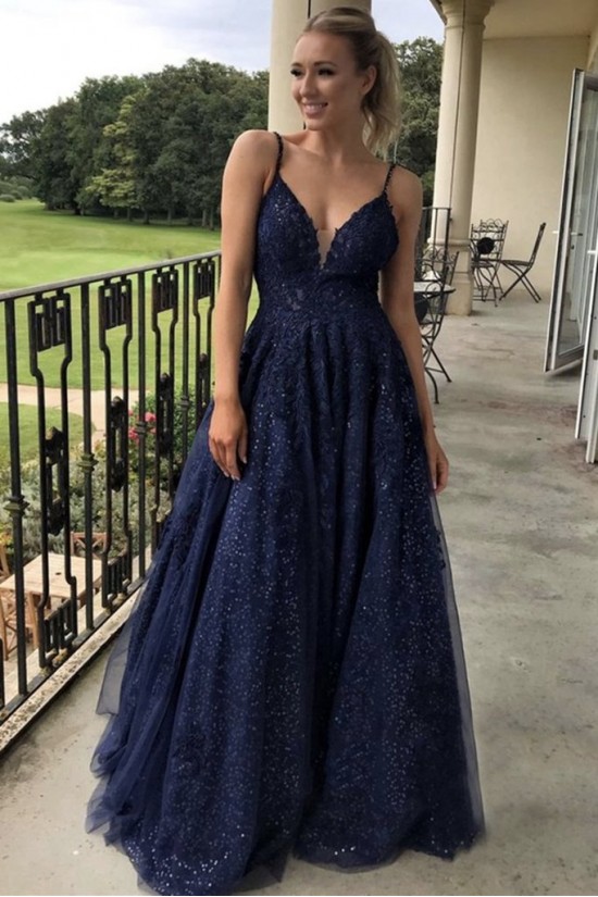 Long Navy Blue Lace Sequin Tulle Prom Dress Formal Evening Gowns 901288 Long Navy Blue Lace Sequin Tulle Prom Dress Formal Evening Gowns 901288