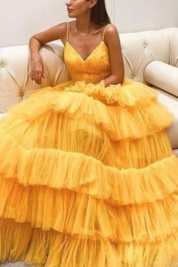 Long Yellow Spaghetti Straps Long Prom Dress Formal Evening Gowns 901290