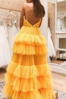 Long Yellow Spaghetti Straps Long Prom Dress Formal Evening Gowns 901290