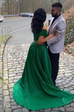 A-Line Long Green Off the Shoulder Beaded Prom Dress Formal Evening Gowns 901295