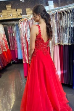 Long Red Lace and Tulle Prom Dress Formal Evening Gowns 901297