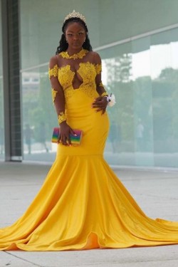 Long Yellow Mermaid Lace Prom Dress Formal Evening Gowns 901301