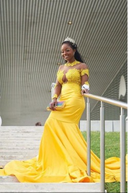 Long Yellow Mermaid Lace Prom Dress Formal Evening Gowns 901301