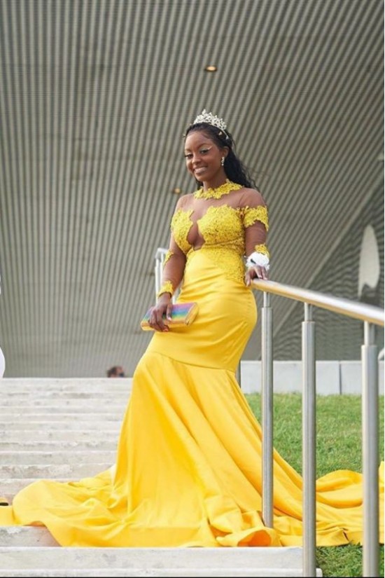 Long Yellow Mermaid Lace Prom Dress Formal Evening Gowns 901301