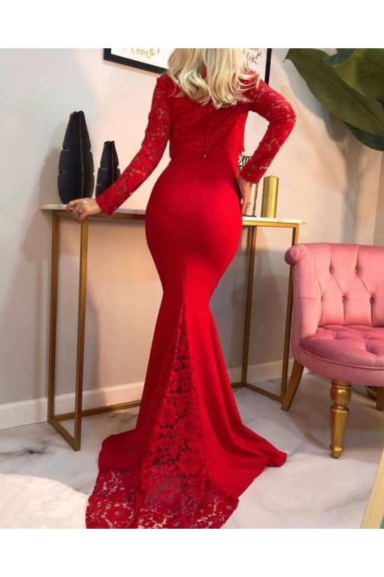 Long Red Mermaid Lace Long Sleeves Prom Dress Formal Evening Gowns 901304