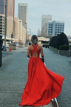 Long Red V Neck Prom Dress Formal Evening Gowns 901307