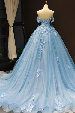 Long Blue Lace and Tulle Prom Dress Formal Evening Gowns 901308