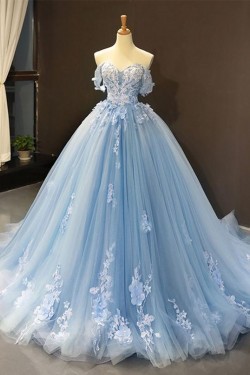 Long Blue Lace and Tulle Prom Dress Formal Evening Gowns 901308