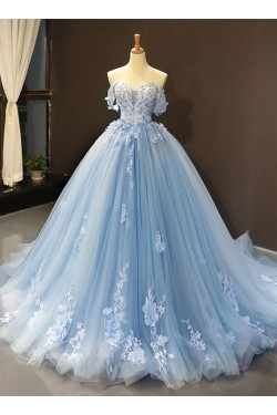 Long Blue Lace and Tulle Prom Dress Formal Evening Gowns 901308