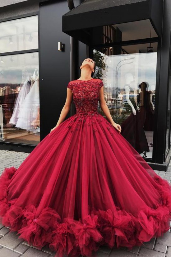 Long Burgundy Lace and Tulle Prom Dress Formal Evening Gowns 901311 Long Burgundy Lace and Tulle Prom Dress Formal Evening Gowns 901311