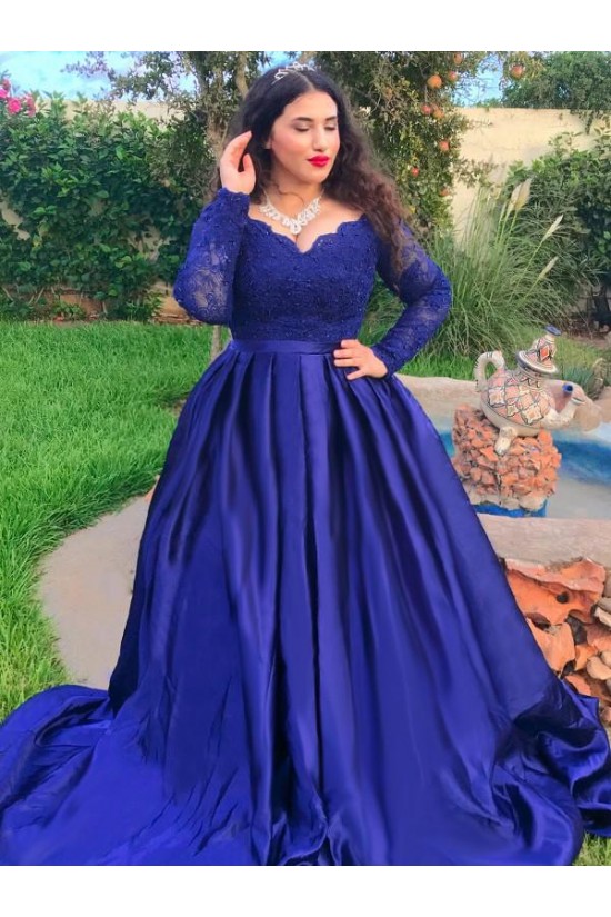 Long Royal Blue Lace and Satin Plus Size Prom Dress Formal Evening Gowns 901312 Long Royal Blue Lace and Satin Plus Size Prom Dress Formal Evening Gowns 901312