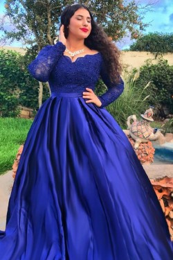 Long Royal Blue Lace and Satin Plus Size Prom Dress Formal Evening Gowns 901312