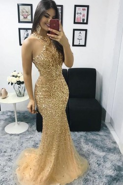 Long Gold Mermaid Beaded Prom Dress Formal Evening Gowns 901313