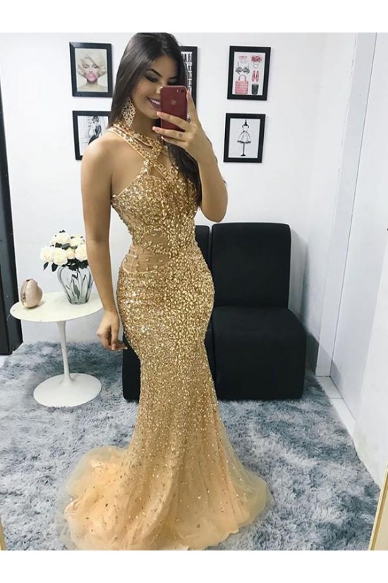 Long Gold Mermaid Beaded Prom Dress Formal Evening Gowns 901313 Long Gold Mermaid Beaded Prom Dress Formal Evening Gowns 901313
