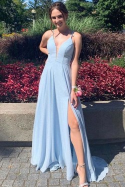 Long Blue Spaghetti Straps Prom Dress Formal Evening Gowns 901319