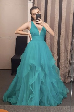 Long Tulle V Neck Prom Dress Formal Evening Gowns 901320