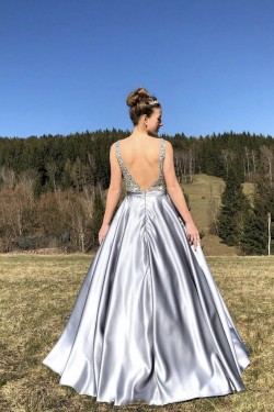 A-Line Long Satin Beaded Prom Dress Formal Evening Gowns 901321