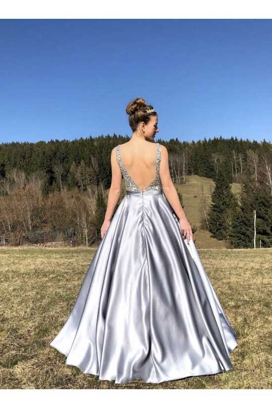 A-Line Long Satin Beaded Prom Dress Formal Evening Gowns 901321 A-Line Long Satin Beaded Prom Dress Formal Evening Gowns 901321